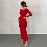 Nukty Backless Maxi Dress Elegant Red Long Sleeve Sexy Ruched Bodyocn Evening Party Dress for Women Spring Slim Christmas Outfits