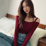 Nukty Women Cropped Tee Shirts Lady Long Sleeve Halter Slash Neck Stretchy Crop Tops Girls Slim T Shirts