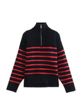 Nukty Casual Knitted Sweater Autumn Femme Vintage V Neck Striped Loose Elegant Pullover Chic Jumper Women's Long Sleeve Top