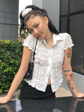 Nukty Top Women White Shirt Ruffle Lace Top See Through Blouses Turn Down Collar Shirts Short Sleeve Tees Street Women Clothing