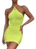 Nukty Women Knitted Bodycon Dress Sleeveless Lacing Halterneck Backless Slim Fit Mini Dress for Club Party