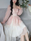 Nukty French Vintage Sweet Fairy Dress Women Bow Elegant Evening Party Midi Dresses Female Long Sleeve Korean Style Dress Summer