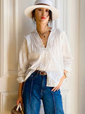 French Elegant Lace Cardigan Shirt Women Cotton Chic Button V Neck Long Sleeve Bluoses Solid Color Commute Tops Female