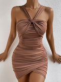 Fairyshely Sexy Deep V Halter Short Club Dress Ladies 2024 Summer Split Black Bodycon Dresses Evening Backless Tight Mini Dress