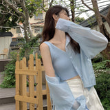 Nukty Shirts Women Hole Temperament Sun-proof Ins Vacation Thin Korean Style Sheer Off-shoulder BF Summer Students Beach