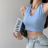 Women Halter Tank Tops Hollow Sleeveless Camis Sexy Metal Heart Backless Vest Korean Fashion Casual Kpop Crop Tops