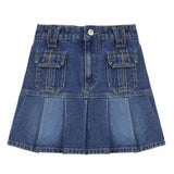 Preppy Style Low Waist Denim Pleated Shorts Skirts Womens Contrast Stitching Aesthetic Vintage Grunge Mini Jean Skirt