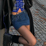 Sexy Pecil Jeans Skirts Vintage Women Bodycon Low Waist Tie-up Drawstring Denim Mini Skirt Academia Grunge Outfits