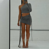 Nukty Solid One Shoulder Long Sleeve Shirring Draped Lace Up Crop Top Skirts 2 Pcs Set Fall Sexy Rave Vacation Outfit