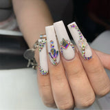 24Pcs Pink Flower Wearable False Nail Tips Long Square Fake Nail with Rhinestone Design Acrylic Coffin Full Cover Press on Nails