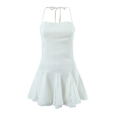 Nukty Spring Summer New Sexy Slim Fashion Women Halter Neck Tie Backless Pleated Short Strap Mini Dress Female