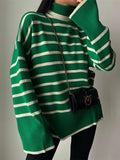 Nukty Casual Knitted Sweater Autumn Femme Vintage V Neck Striped Loose Elegant Pullover Chic Jumper Women's Long Sleeve Top