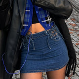 Sexy Pecil Jeans Skirts Vintage Women Bodycon Low Waist Tie-up Drawstring Denim Mini Skirt Academia Grunge Outfits