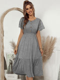 New Lace Short Sleeve Knitting Dress For Women Casual Solid O Neck Button Ladies Spring Summer Medium Long Elegant Dress
