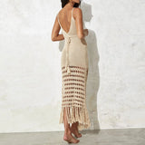 Nukty Beach Dress Ladies Summer Suit And Tunics Cover Up Sexy Knitted Hollowed-Out Beach Blouse Lace-Up Fringed Maxi Dress