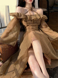 Nukty Fairycore Dress for Women Fashion Sweet Ruffle Slash Neck Backless Vintage Dress Elegant Long Sleeve Women Dress