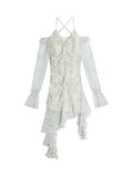 Nukty French Style Floral Dress for Women V Neck Long Sleeve Mini Dress Elegant Chic Sweet Asymmetrical Midi Sexy Dress