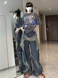 Nukty Y2K Vintage Men Korean Blue Streetwear Oversize Star Aesthetic Straight Trousers Wide Leg Jeans Grunge Denim Pants Women Clothes