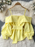 Nukty New Fashion Women Spring Summer Yellow Shirt Sexy Spaghetti Strap Slash Neck Off Shoulder Long Sleeve Blouse with Belt