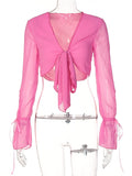 Nukty Solid Mesh Long Sleeves Drawstring Bandage Sexy Crop Top Tees Slim Streetwear Summer Beach Party Club Cute Y2K
