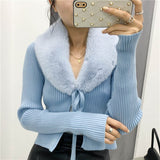 Women Faux Fur V-Neck Patchwork Cardigan Knitting Short Sweater Female Chic Long Sleeve Single Breasted Slim Blue Tops Hot-sale