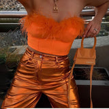 Nukty Women Tube Tops Solid Color Feather Furry Trim Sleeveless Off Shoulder Backless Back Zipper Slim Fit Crop Tops