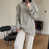 Nukty Spring And Autumn Women's Casual Striped Sweatshirt Round Neck Long-sleeved Off-the-shoulder Loose Sweater