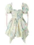 Nukty Women Summer Fashion Sweet Floral Print Mini Dress Vintage Square Collar Chic Wood Ear Princess Dresses