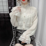 Nukty Solid Patchwork Elegant Blouse Women Spring Lace Designer Chiffon Bouse Female Office Lady Casual French Korean Tops Women