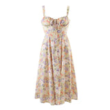 Nukty Spring Summer New Vintage Women Chic Lace-Up Slim Hollow Backless Slit Floral Square Collar Strap Long Midi Dress