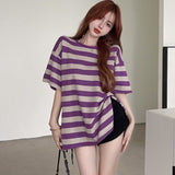Nukty Striped T-shirts Women Slit M-4XL Streetwear Loose Summer Simple Short Sleeve All-match Students Ulzzang Fashion Casual Ins BF
