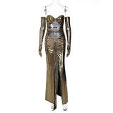 Nukty Pu Leather Strapless Draped Folds With Gloves Hollow Out Slit Maxi Prom Dress Sexy Fall Elegant Evening Party Y2K
