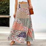 Nukty Summer Long Patchwork Print A-Line Skirt Floral Skirt Women Casual Beach Faldas Female Boho Elastic Waist Holiday Maxi Skirts