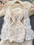 Nukty French Elegant Women Floral Lace Fairy Dress Sexy Hollow Out Long Flare Sleeve Padded Square Collar Ruched Mini Party Dress Robe