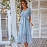 New Spring Summer Elegnat V Neck Solid Color Short Sleeve Jacquard High Waist Long Dress For Women's Chic A Line Dress