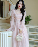 Nukty Elegant Evening Party Midi Dress Women Bubble Sleeve French Vintage Sweet Dress Female Pink Korean Style Fairy Dress Autumn