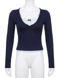 Nukty Grunge Y2K T Shirt Lace Patchwork One Pieces Cute Kawaii Clothes For Women Square Collar Vintage Long Sleeve Tees
