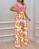 Nukty Summer Two Piece Set Women Fashion V-neck Bat Sleeve Top Printed Wide-leg Pants Suit Casual Two Piece Set Women