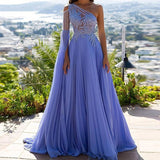 Nukty Evening Luxury One Shouler Sleeves Formal Robes De Soir¨¦e Vestidos Elegantes Para Mujer Noche Lavender Long Prom Dresses