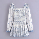 Nukty Spring Summer Vintage New Fashion Women Embroidered Elastic Square Neck Puff Long Sleeve Short Mini Dress