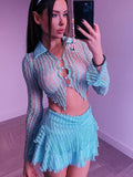 Sexy Y2K See Through Top + Skirt 2 Piece Sets Women Fashion Button Up Lace Short Shirt Skirt Matching Set Party Clubwear