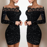 Nukty Black Slash Neck Lace Collar Sexy Tight Mini Dress Female Long Sleeves Bodycon Party Dress