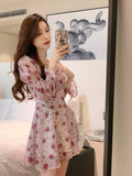 Nukty Vintage Sweet Korean Fashion Floral Bodycon Mini Dress for Women Party Beach Long Sleeve Casual Dresses Elegant Summer Pink