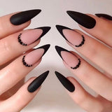 24Pc Stiletto French False Nails Black Edge Designs Fake Nail with Rhinestone Almond Full Cover Nail Tips Wearable Press on Nail