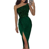 Nukty Green Chest Wrapping Long Robe with Sequins and Slit Female Slim Sexy Evening Dress