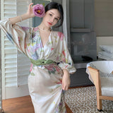 Nukty Printing Midi Bodycon Dress Elegant Japan Style V-Neck Long Half Batwing Sleeve Sashes Floral Maxi Dresses for Women Summer