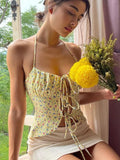 Sexy Halter Hollow Lace Up Floral Print Crop Tops Women Tie Up Backless Camisole Boho Casual Beach Holiday Top Yellow