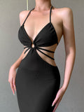 Nukty Summer New Ladies Halter Neck Hollow Dress Sexy Fashion Temperament Suspenders Fishtail Long Skirt Party High Street