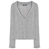 Nukty Knitting T-shirt Women Slim Sexy Long Sleeve Daily V-neck Casual Korean Style Pure Retro Minimalist Hot Girls Spring See-through