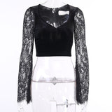 Nukty 90s Vintage Velvet Black Crop Top Elegant Lady Lace Flare Sleeve V Neck T-shirt Harajuku Grunge Retro Tees Women Gothic Clothes